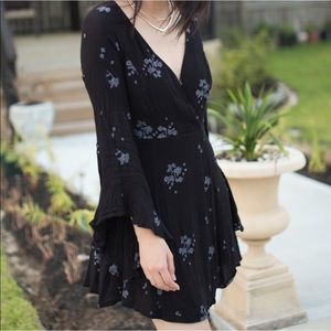 Free People Black Floral Deep V Bell Sleeve Dress